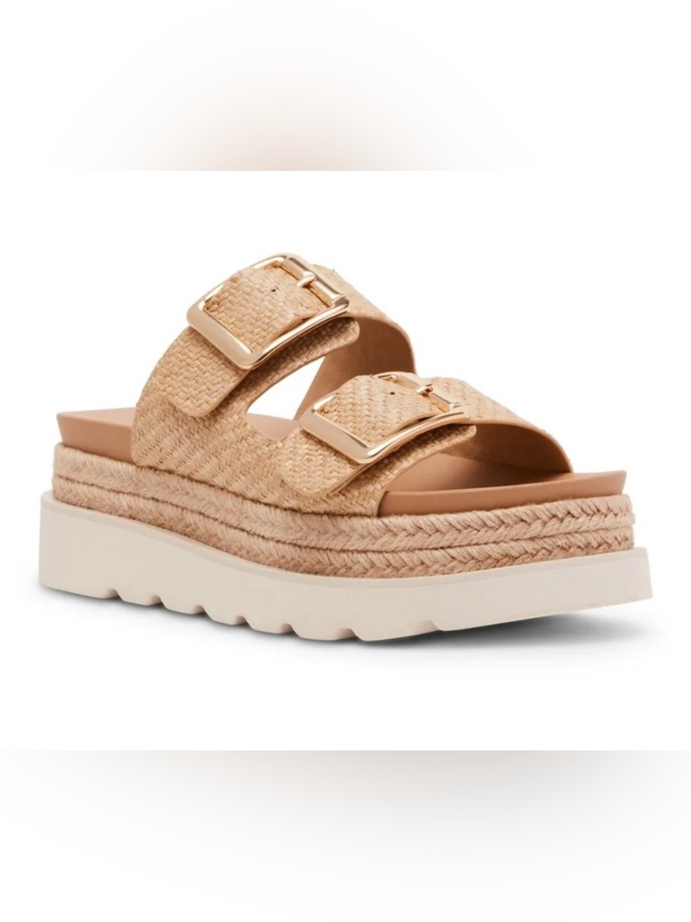 Madden Girl Mythical Woven Raffia Double-Buckle Platform Slide 8.5